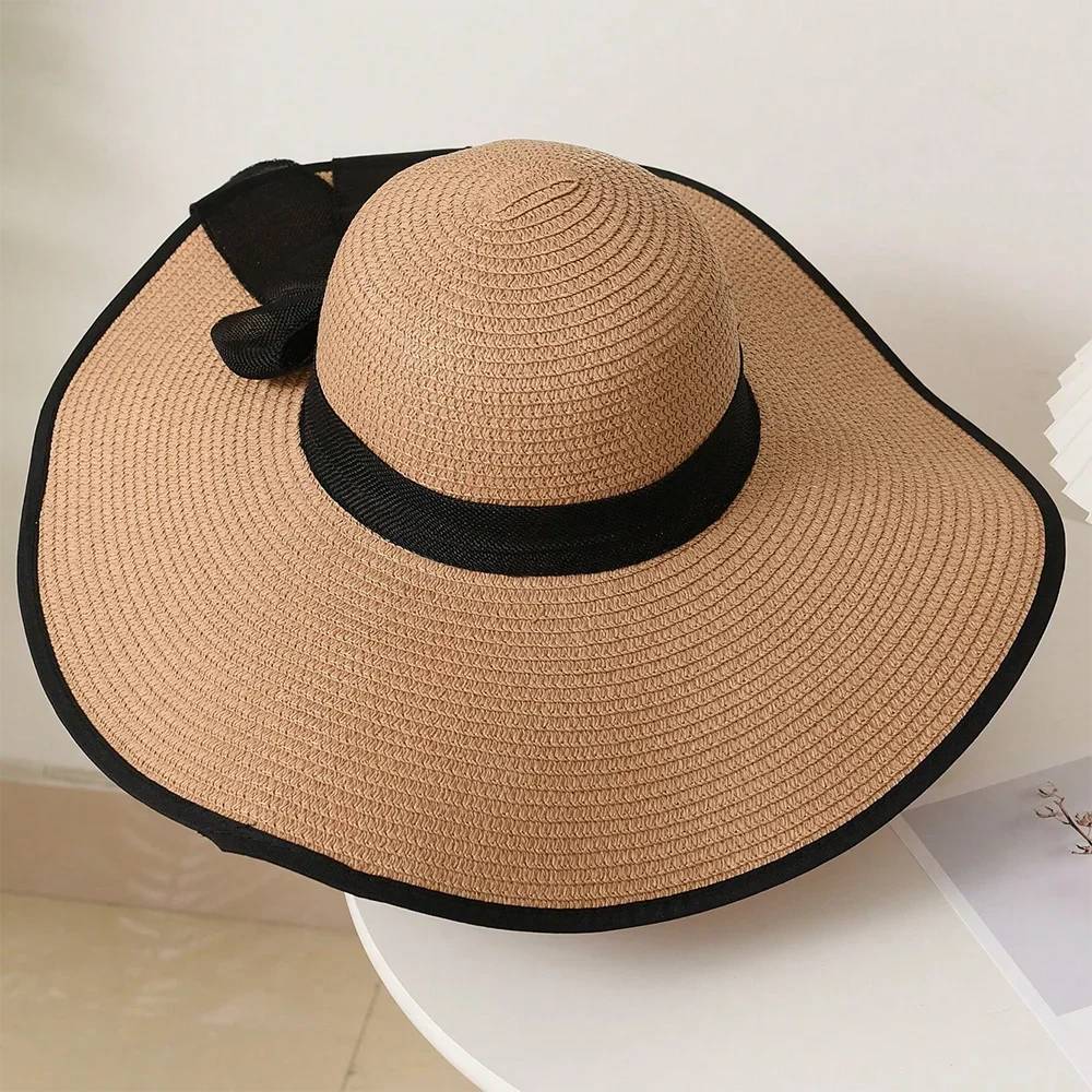 1pc Women's Oversize Brim Straw Hat Women's Summer Sun Block Big Brim Hat Seaside Bow Beach Hat Suitable For Sun Protection