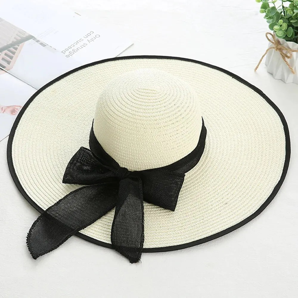 1pc Women's Oversize Brim Straw Hat Women's Summer Sun Block Big Brim Hat Seaside Bow Beach Hat Suitable For Sun Protection