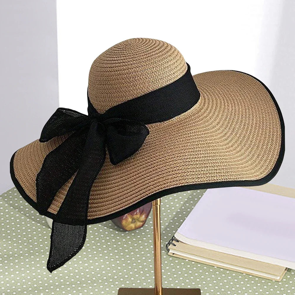 1pc Women's Oversize Brim Straw Hat Women's Summer Sun Block Big Brim Hat Seaside Bow Beach Hat Suitable For Sun Protection