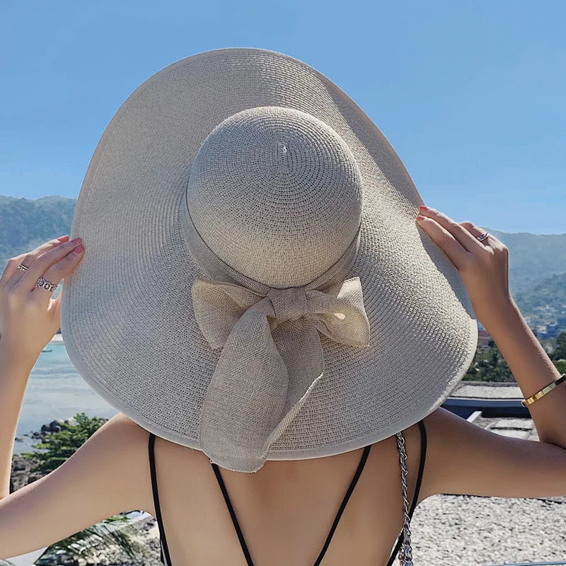 1pc Women's Oversize Brim Straw Hat Women's Summer Sun Block Big Brim Hat Seaside Bow Beach Hat Suitable For Sun Protection