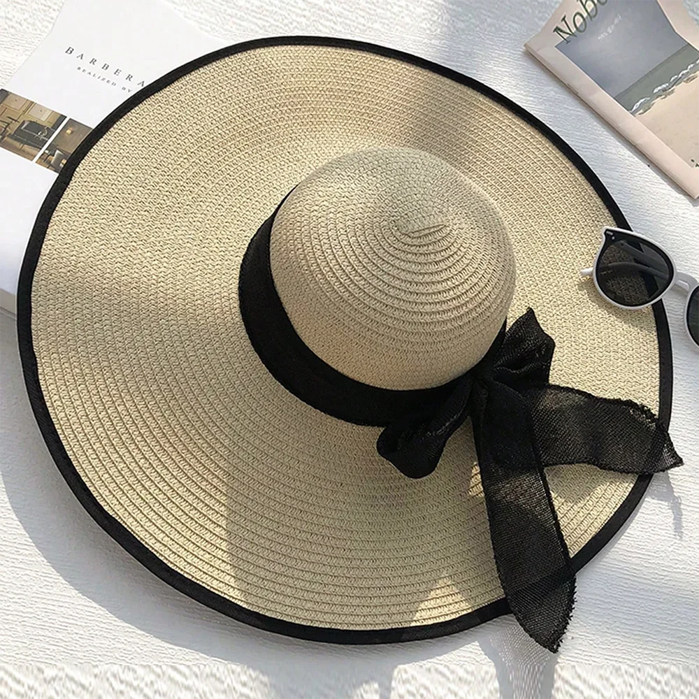 1pc Women's Oversize Brim Straw Hat Women's Summer Sun Block Big Brim Hat Seaside Bow Beach Hat Suitable For Sun Protection