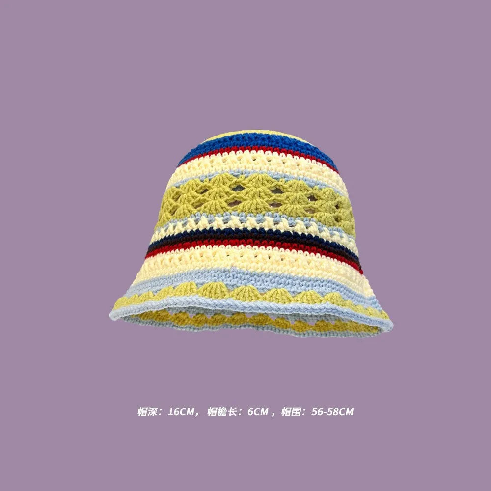 Autumn New Crochet Korean Handmade Bucket Hat Women Weaving Knitted Hat  Fashion Flowers Autumn Winter Beanies Basin Cap