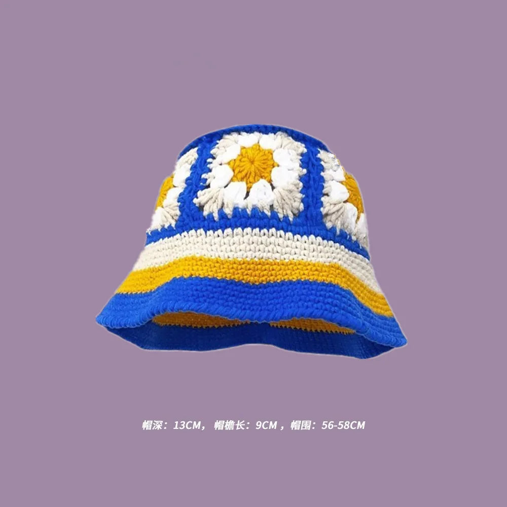 Autumn New Crochet Korean Handmade Bucket Hat Women Weaving Knitted Hat  Fashion Flowers Autumn Winter Beanies Basin Cap