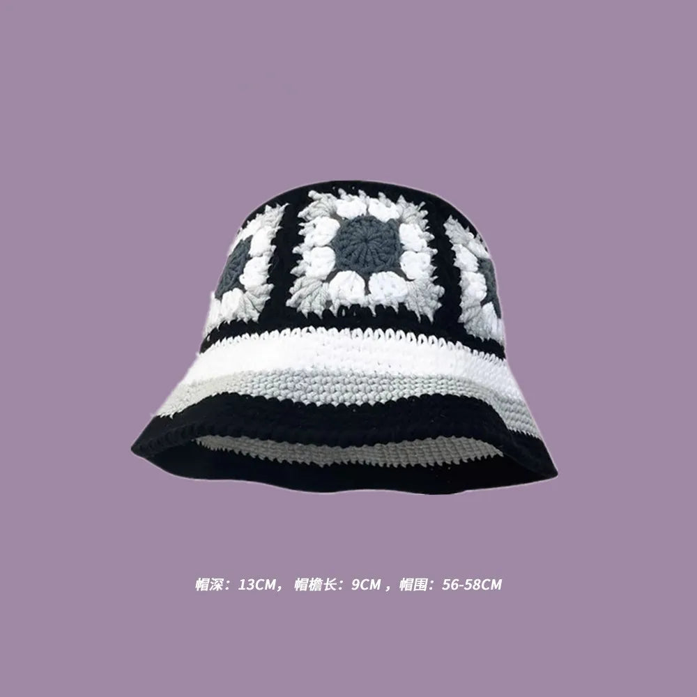 Autumn New Crochet Korean Handmade Bucket Hat Women Weaving Knitted Hat  Fashion Flowers Autumn Winter Beanies Basin Cap