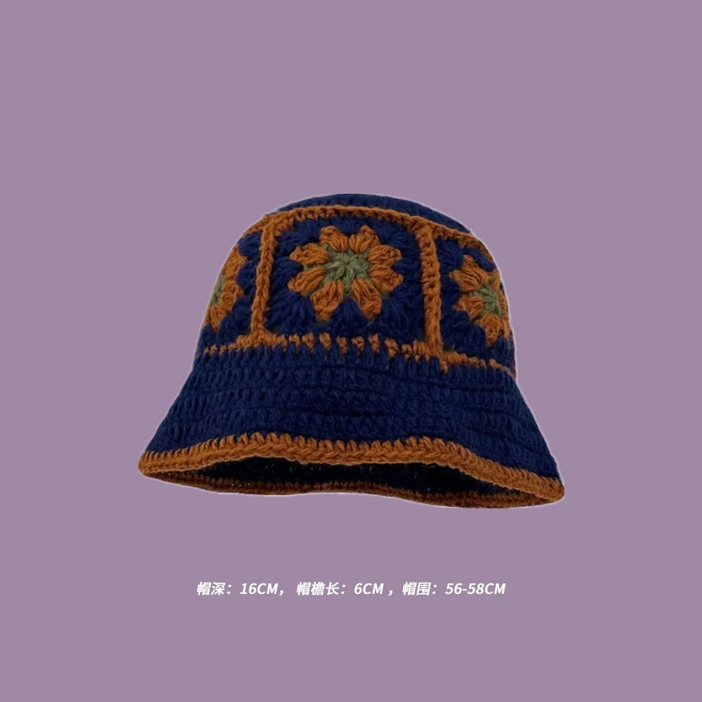 Autumn New Crochet Korean Handmade Bucket Hat Women Weaving Knitted Hat  Fashion Flowers Autumn Winter Beanies Basin Cap