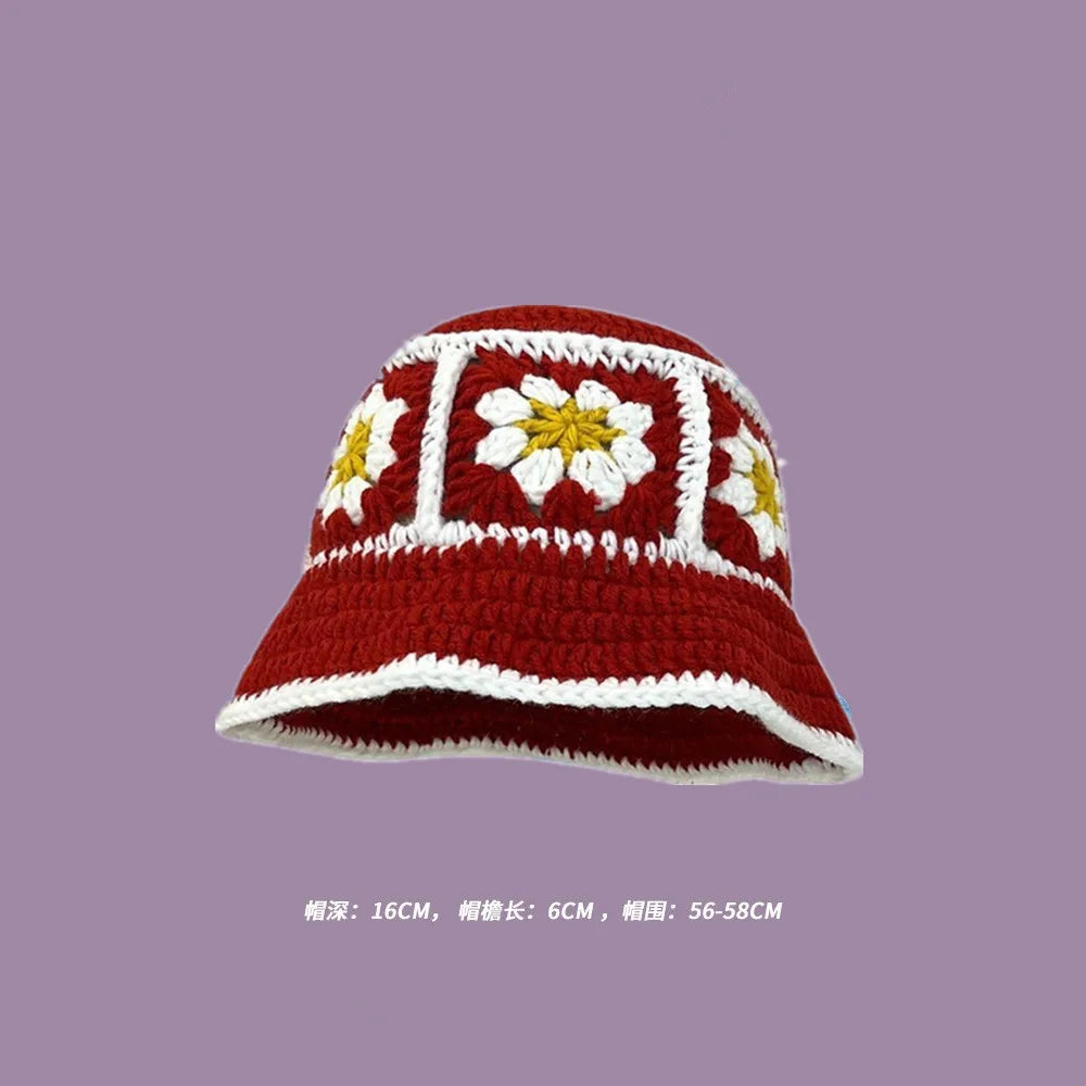 Autumn New Crochet Korean Handmade Bucket Hat Women Weaving Knitted Hat  Fashion Flowers Autumn Winter Beanies Basin Cap