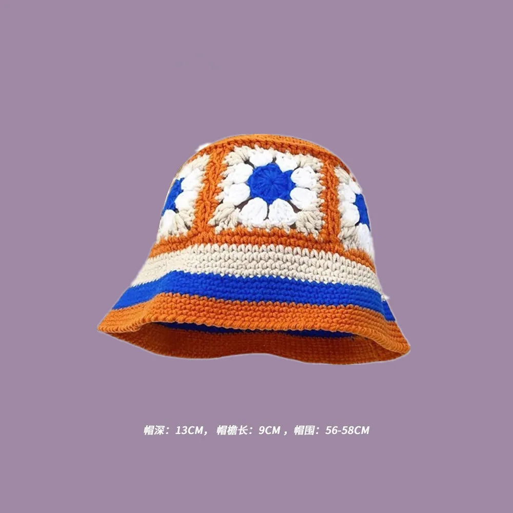 Autumn New Crochet Korean Handmade Bucket Hat Women Weaving Knitted Hat  Fashion Flowers Autumn Winter Beanies Basin Cap