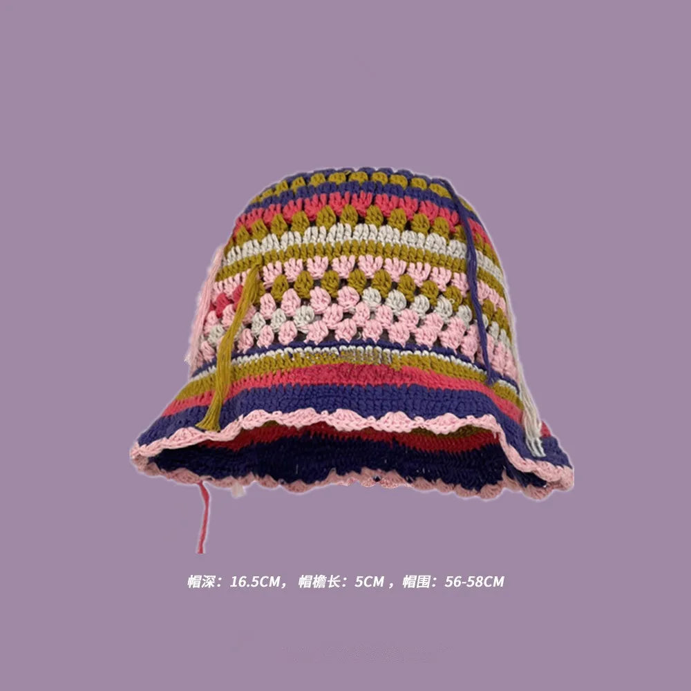 Autumn New Crochet Korean Handmade Bucket Hat Women Weaving Knitted Hat  Fashion Flowers Autumn Winter Beanies Basin Cap