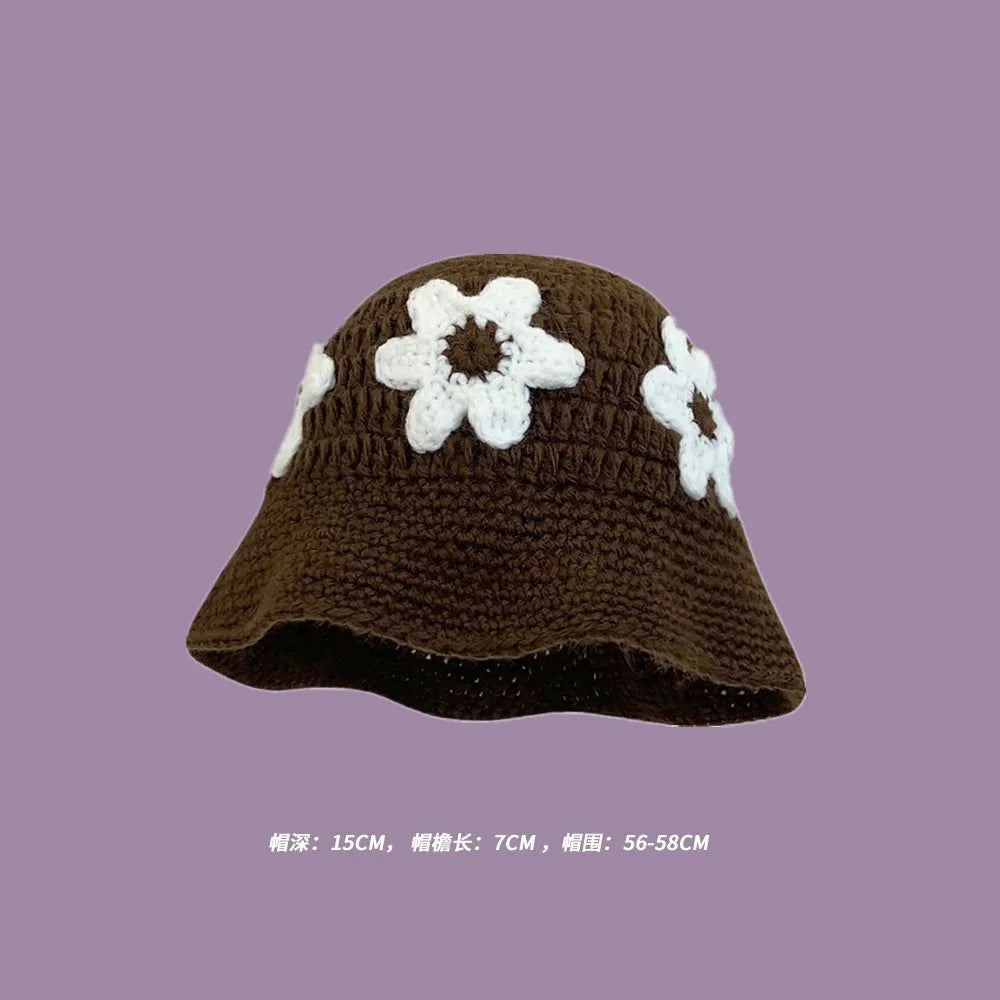 Autumn New Crochet Korean Handmade Bucket Hat Women Weaving Knitted Hat  Fashion Flowers Autumn Winter Beanies Basin Cap