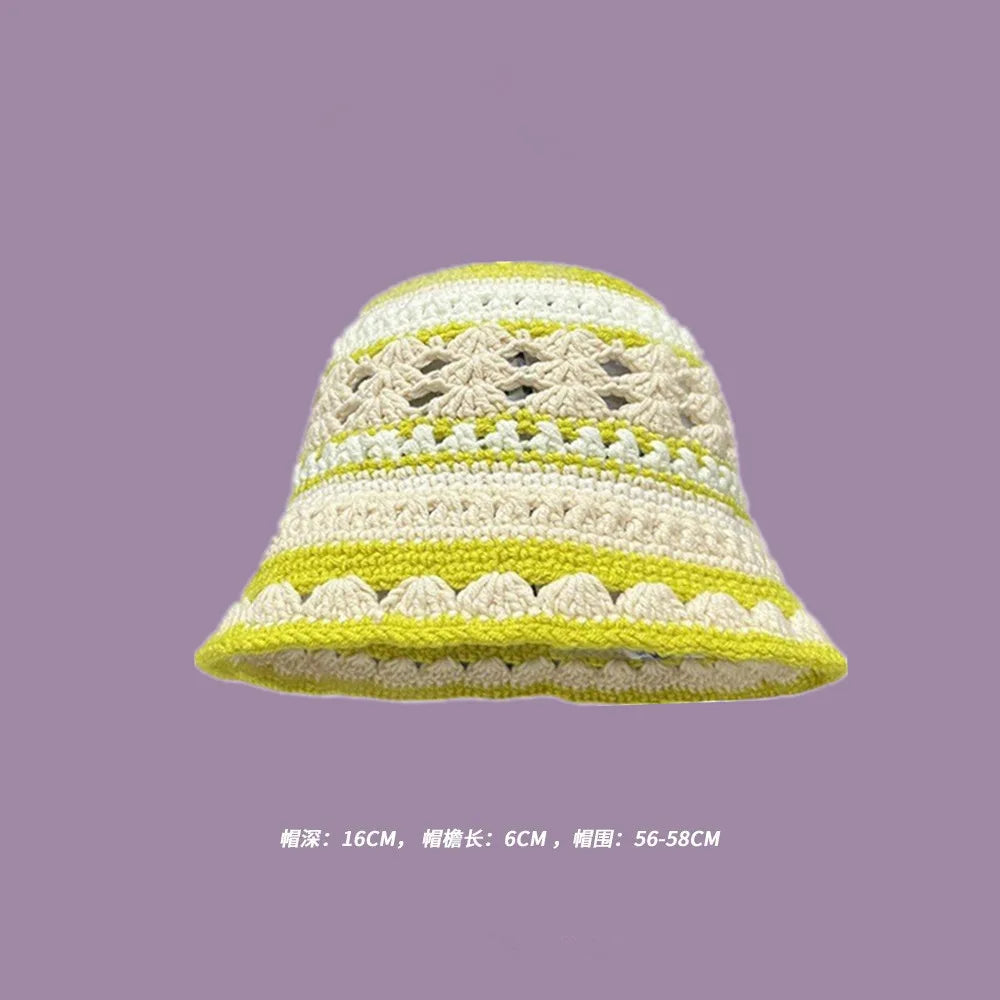 Autumn New Crochet Korean Handmade Bucket Hat Women Weaving Knitted Hat  Fashion Flowers Autumn Winter Beanies Basin Cap