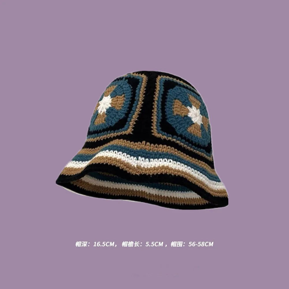 Autumn New Crochet Korean Handmade Bucket Hat Women Weaving Knitted Hat  Fashion Flowers Autumn Winter Beanies Basin Cap