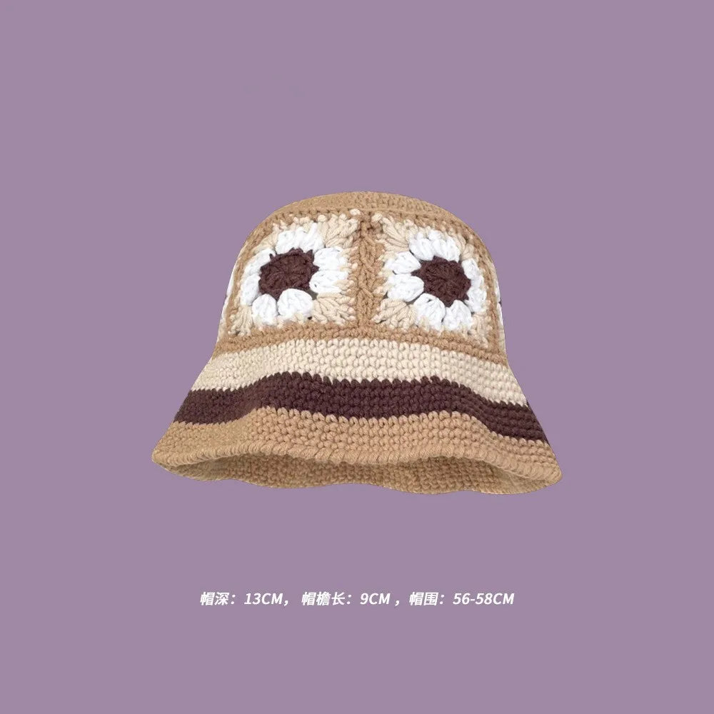 Autumn New Crochet Korean Handmade Bucket Hat Women Weaving Knitted Hat  Fashion Flowers Autumn Winter Beanies Basin Cap