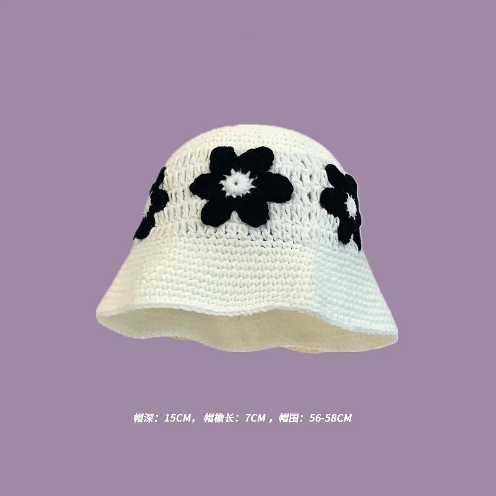 Autumn New Crochet Korean Handmade Bucket Hat Women Weaving Knitted Hat  Fashion Flowers Autumn Winter Beanies Basin Cap