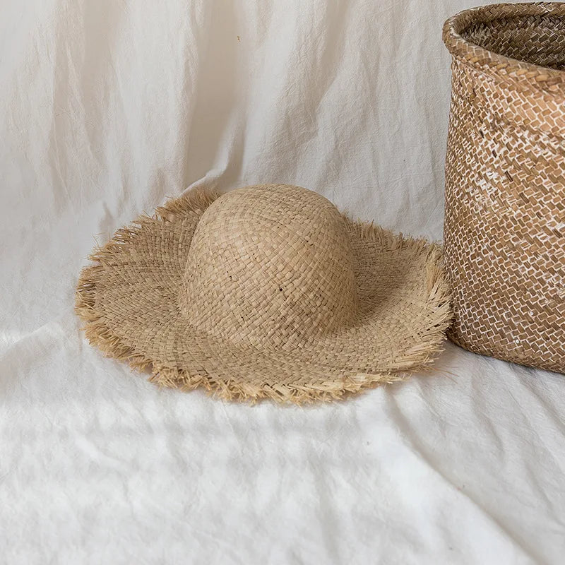 Handmade Big Brim Hat Oversized Tassel Burrs Women Men Straw Sun Brim Hats Natural Raffia Panama Beach Summer Hat