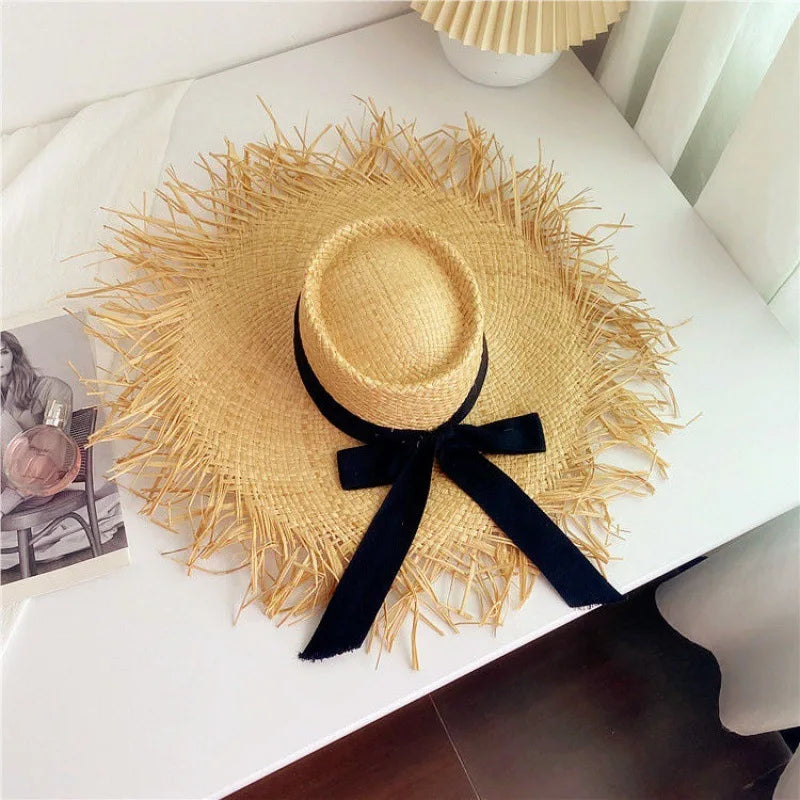 Handmade Big Brim Hat Oversized Tassel Burrs Women Men Straw Sun Brim Hats Natural Raffia Panama Beach Summer Hat