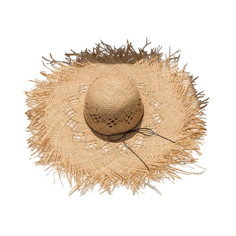 Handmade Big Brim Hat Oversized Tassel Burrs Women Men Straw Sun Brim Hats Natural Raffia Panama Beach Summer Hat