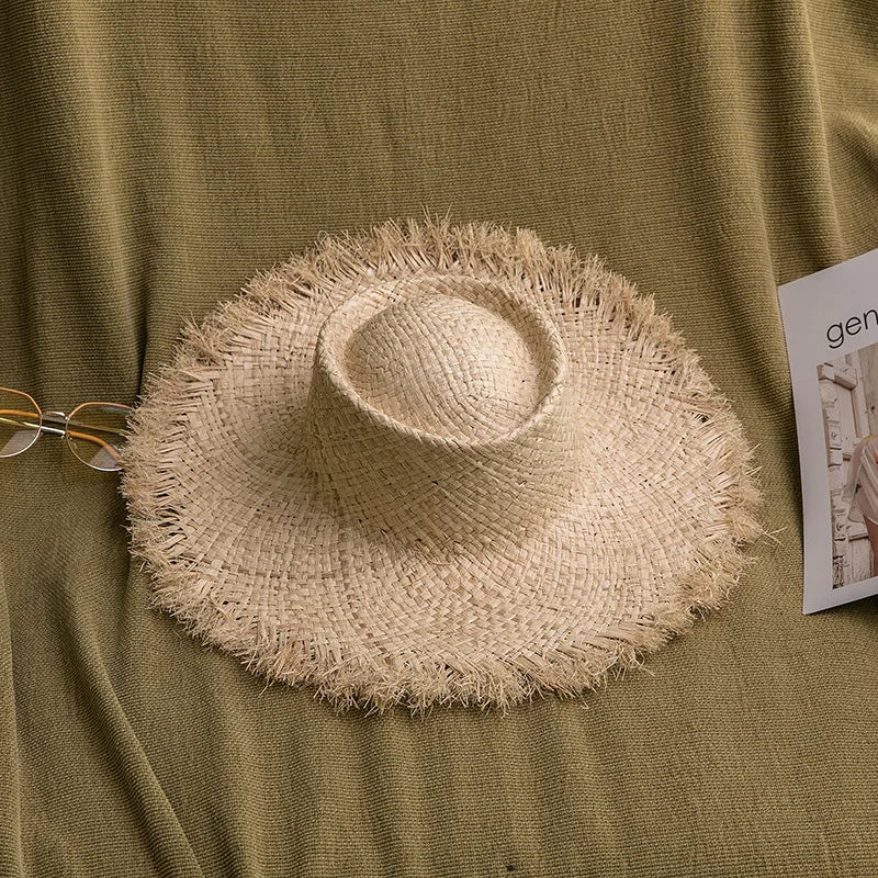 Handmade Big Brim Hat Oversized Tassel Burrs Women Men Straw Sun Brim Hats Natural Raffia Panama Beach Summer Hat