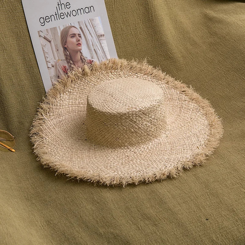 Handmade Big Brim Hat Oversized Tassel Burrs Women Men Straw Sun Brim Hats Natural Raffia Panama Beach Summer Hat