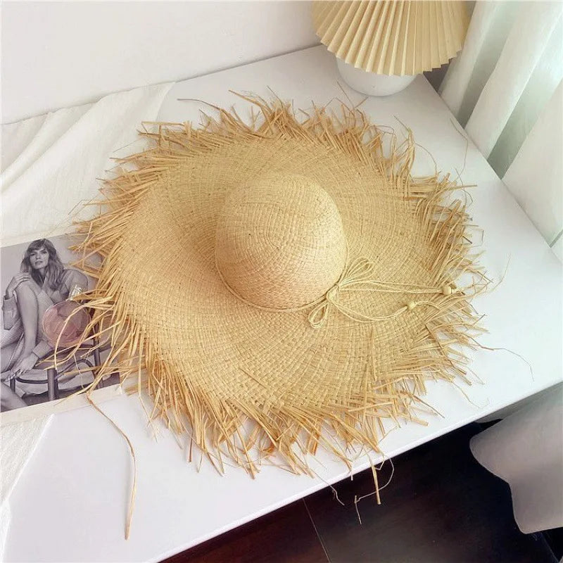 Handmade Big Brim Hat Oversized Tassel Burrs Women Men Straw Sun Brim Hats Natural Raffia Panama Beach Summer Hat