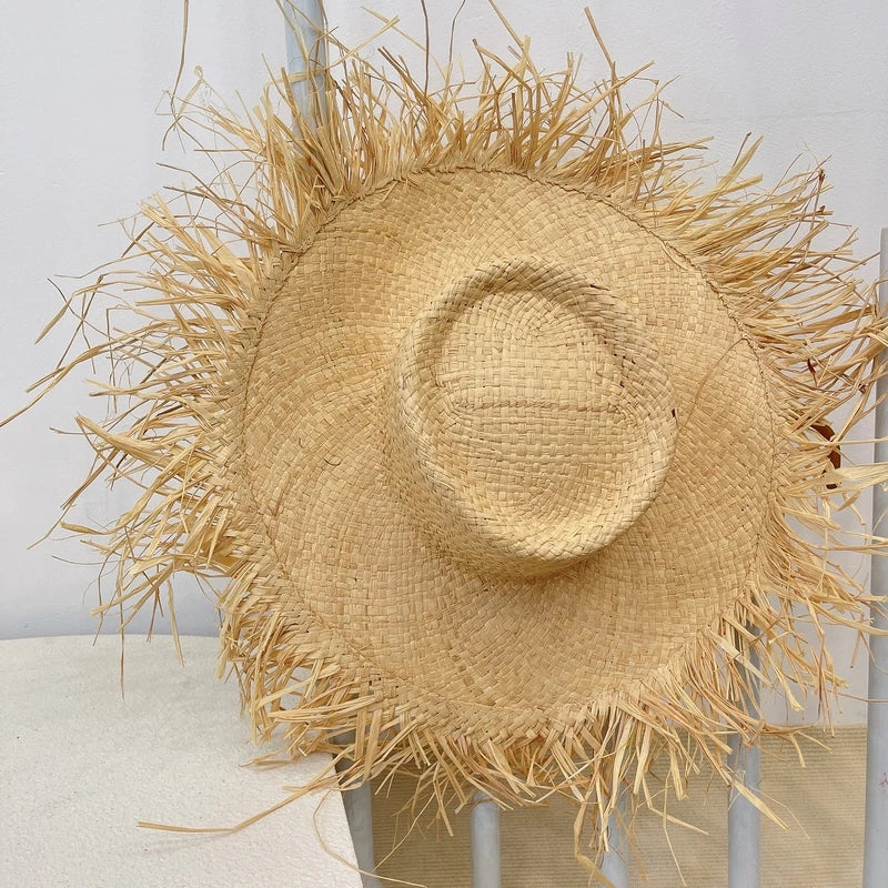 Handmade Big Brim Hat Oversized Tassel Burrs Women Men Straw Sun Brim Hats Natural Raffia Panama Beach Summer Hat