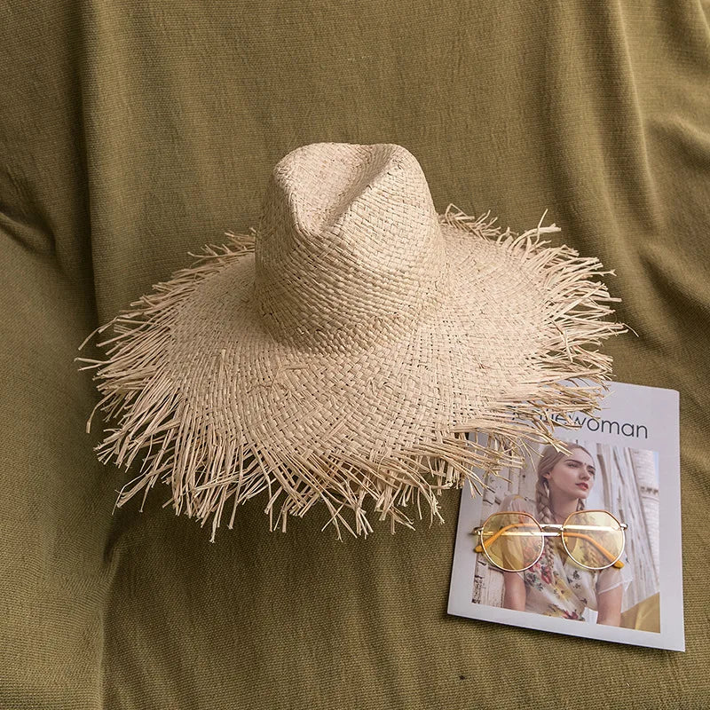 Handmade Big Brim Hat Oversized Tassel Burrs Women Men Straw Sun Brim Hats Natural Raffia Panama Beach Summer Hat