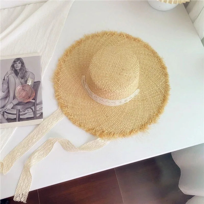 Handmade Big Brim Hat Oversized Tassel Burrs Women Men Straw Sun Brim Hats Natural Raffia Panama Beach Summer Hat