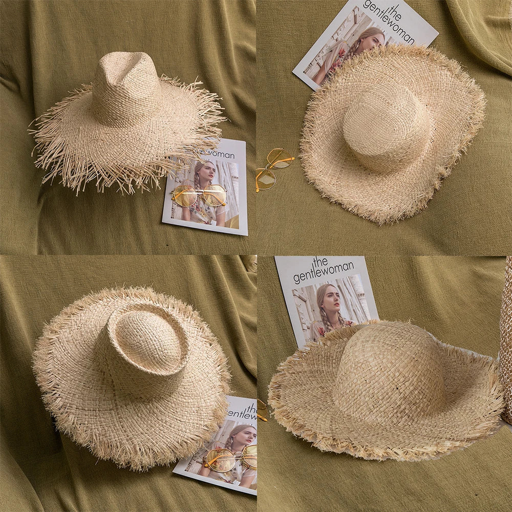 Handmade Big Brim Hat Oversized Tassel Burrs Women Men Straw Sun Brim Hats Natural Raffia Panama Beach Summer Hat