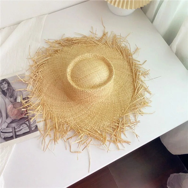 Handmade Big Brim Hat Oversized Tassel Burrs Women Men Straw Sun Brim Hats Natural Raffia Panama Beach Summer Hat