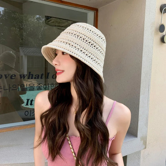 Summer New Hollow Knitted Sun Protection and Sunshade Hat for Women's Leisure Versatile  Small Fresh Fashion Pot Hat