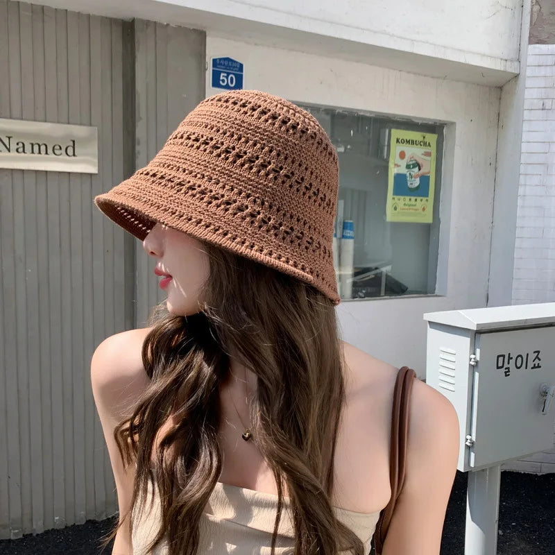 Summer New Hollow Knitted Sun Protection and Sunshade Hat for Women's Leisure Versatile  Small Fresh Fashion Pot Hat