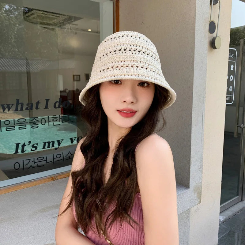 Summer New Hollow Knitted Sun Protection and Sunshade Hat for Women's Leisure Versatile  Small Fresh Fashion Pot Hat