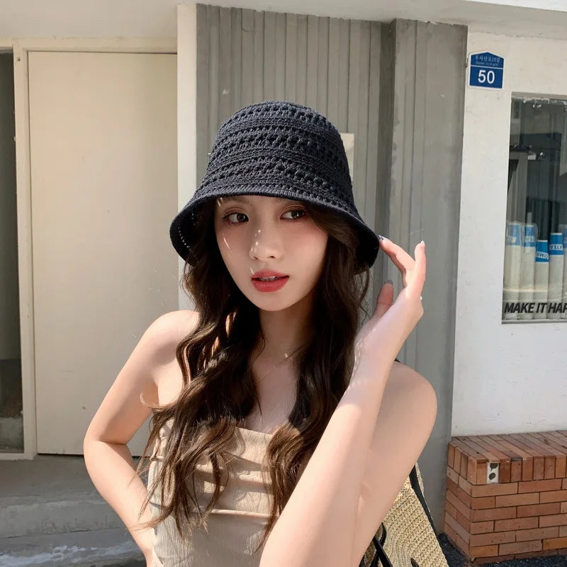 Summer New Hollow Knitted Sun Protection and Sunshade Hat for Women's Leisure Versatile  Small Fresh Fashion Pot Hat