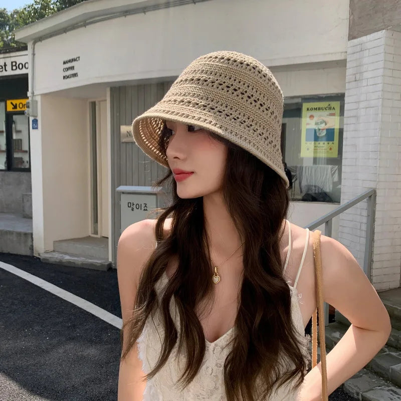 Summer New Hollow Knitted Sun Protection and Sunshade Hat for Women's Leisure Versatile  Small Fresh Fashion Pot Hat