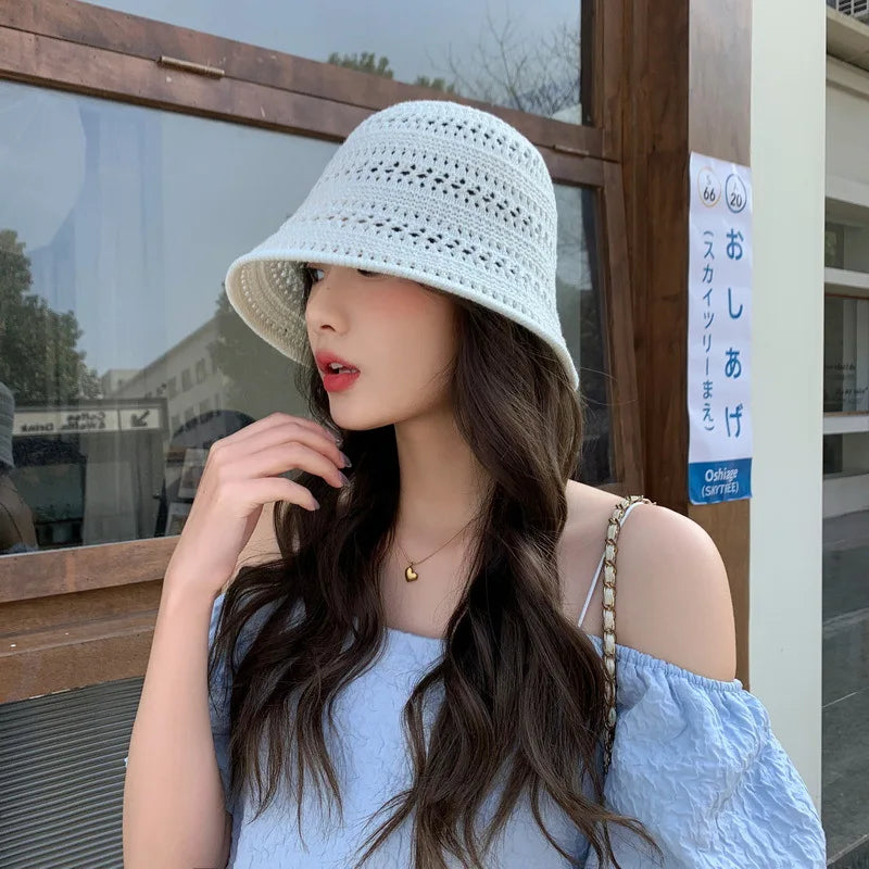 Summer New Hollow Knitted Sun Protection and Sunshade Hat for Women's Leisure Versatile  Small Fresh Fashion Pot Hat