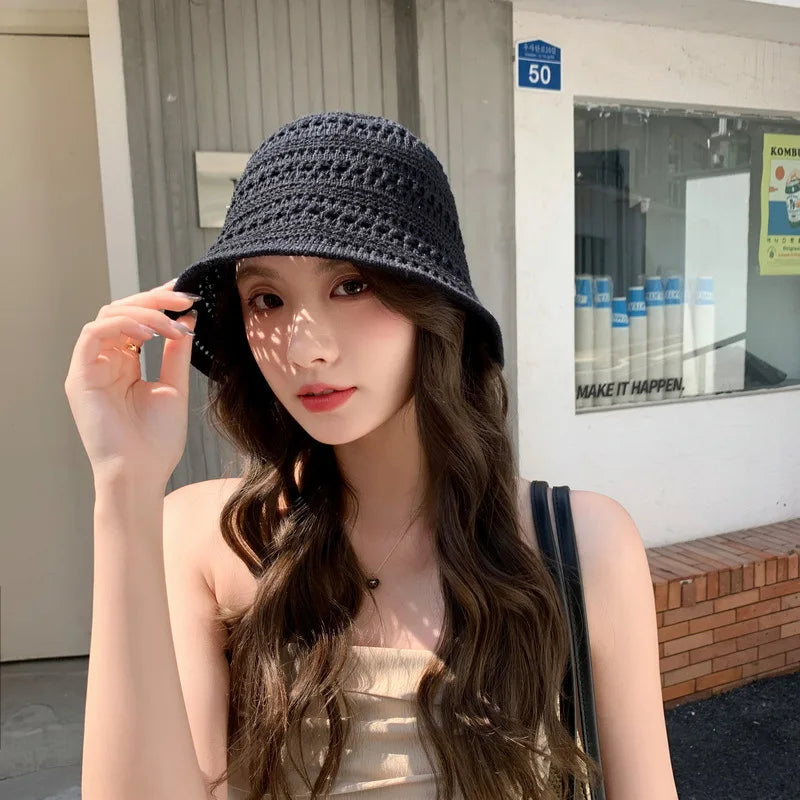 Summer New Hollow Knitted Sun Protection and Sunshade Hat for Women's Leisure Versatile  Small Fresh Fashion Pot Hat