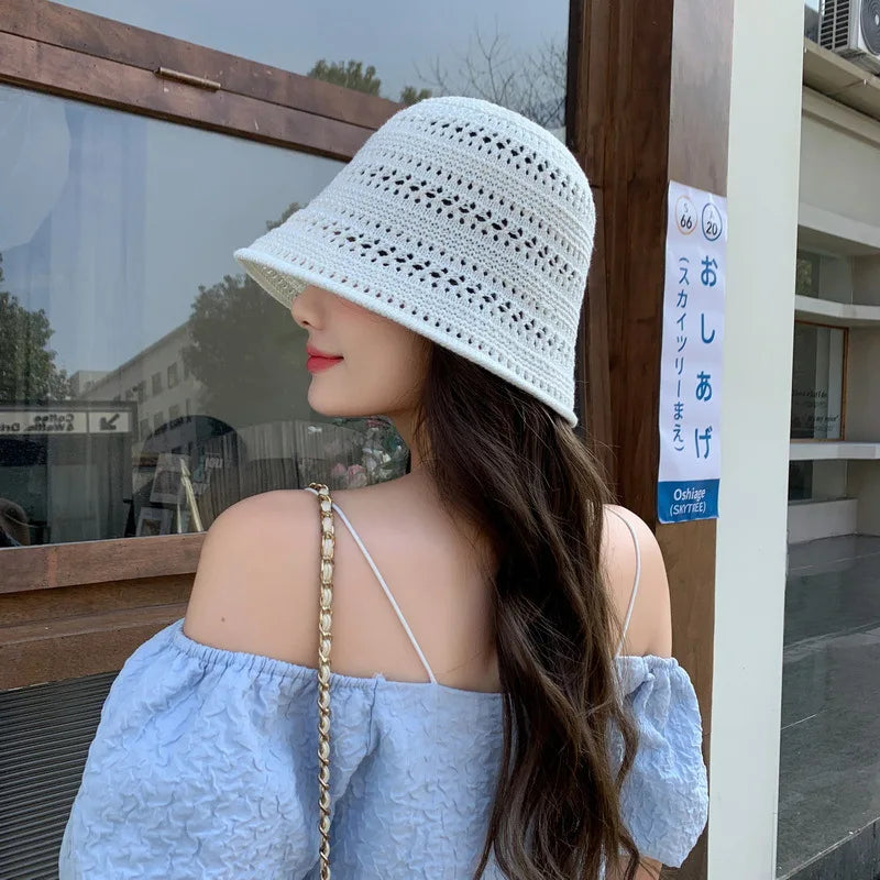 Summer New Hollow Knitted Sun Protection and Sunshade Hat for Women's Leisure Versatile  Small Fresh Fashion Pot Hat