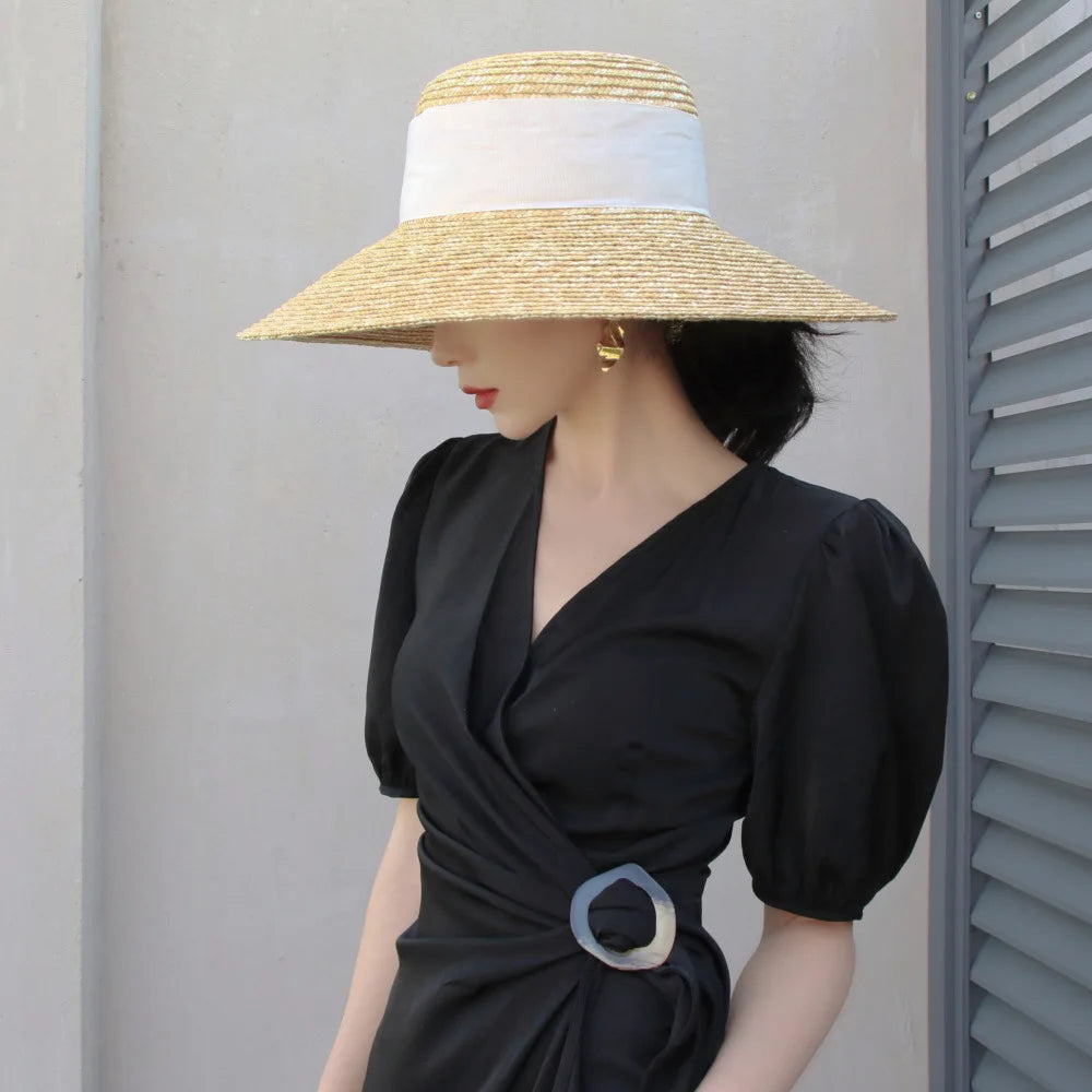 2024 Summer Straw Hat Beach Hat Women's Seaside Sun Hat Vacation Bow Ribbon Flat Top Big Brim Straw Hat praia