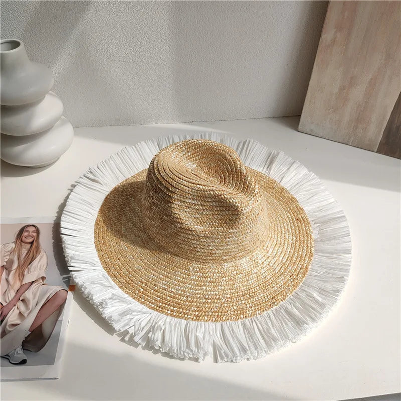 2024 Summer Straw Hat Beach Hat Women's Seaside Sun Hat Vacation Bow Ribbon Flat Top Big Brim Straw Hat praia