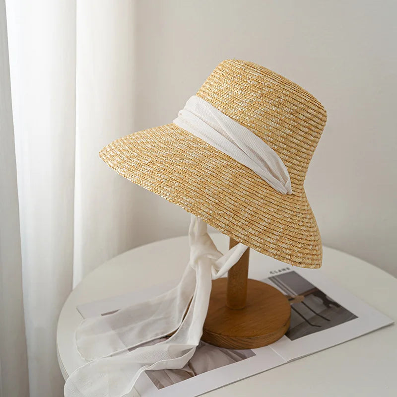 2024 Summer Straw Hat Beach Hat Women's Seaside Sun Hat Vacation Bow Ribbon Flat Top Big Brim Straw Hat praia