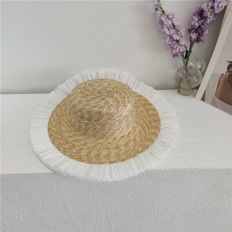 2024 Summer Straw Hat Beach Hat Women's Seaside Sun Hat Vacation Bow Ribbon Flat Top Big Brim Straw Hat praia