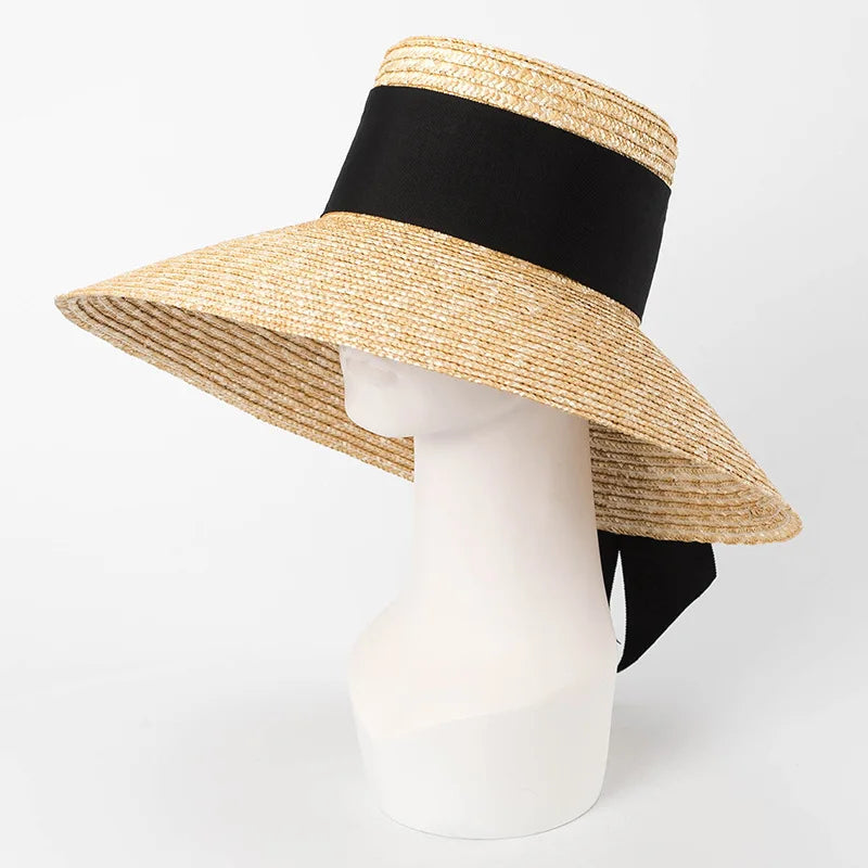 2024 Summer Straw Hat Beach Hat Women's Seaside Sun Hat Vacation Bow Ribbon Flat Top Big Brim Straw Hat praia