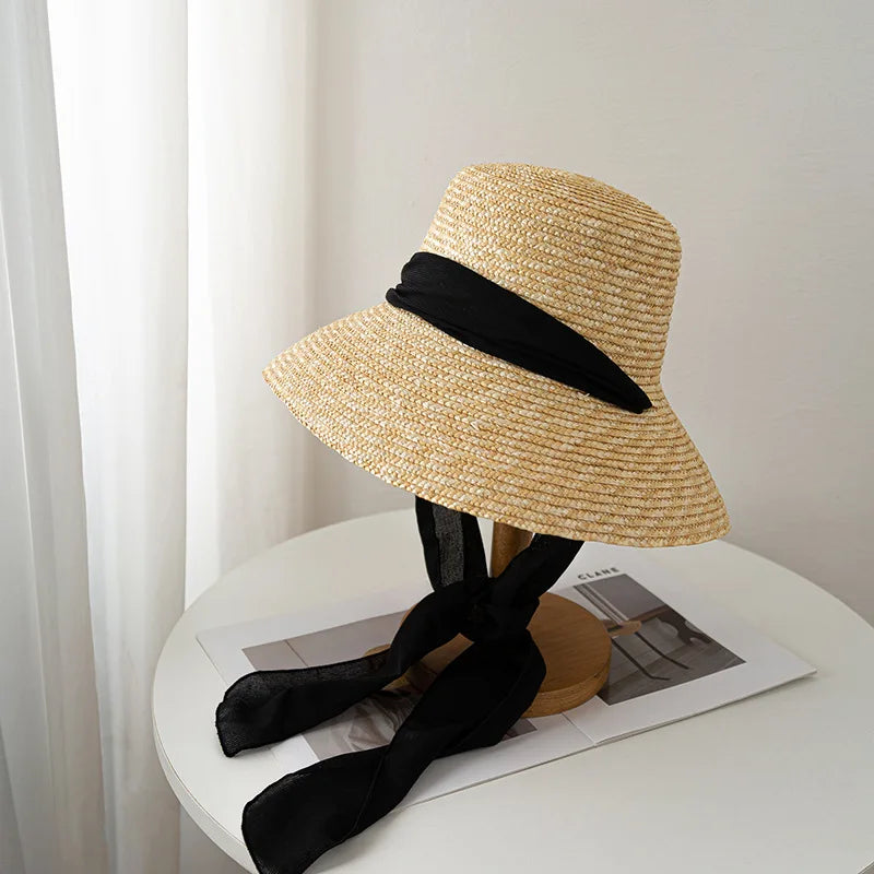 2024 Summer Straw Hat Beach Hat Women's Seaside Sun Hat Vacation Bow Ribbon Flat Top Big Brim Straw Hat praia