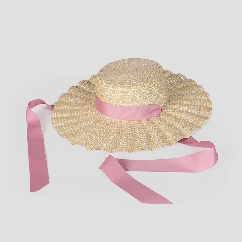 2024 Summer Straw Hat Beach Hat Women's Seaside Sun Hat Vacation Bow Ribbon Flat Top Big Brim Straw Hat praia