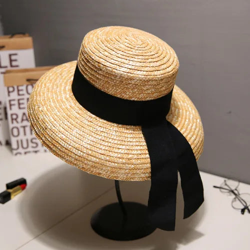 2024 Summer Straw Hat Beach Hat Women's Seaside Sun Hat Vacation Bow Ribbon Flat Top Big Brim Straw Hat praia