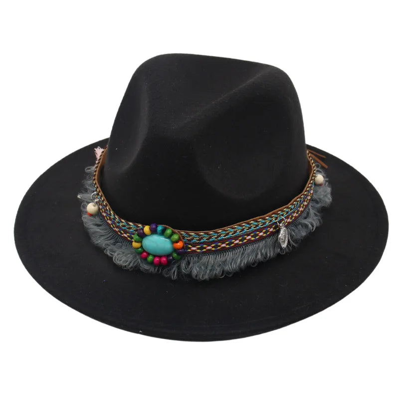 Tibetan  Top Hat Tibetan Wide Brim Woolen Hat Ethnic Style Felt Cap Parent-child Dance Group Sun Hat Performance