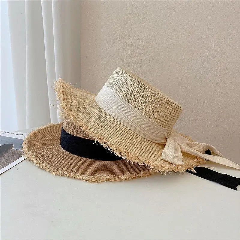 Beach HatJapanese Everything Hairy Edge Straw Hat Female Summer Flat Top Outing Sun Hat Small Fresh Bow Sun Shade Beach Hat