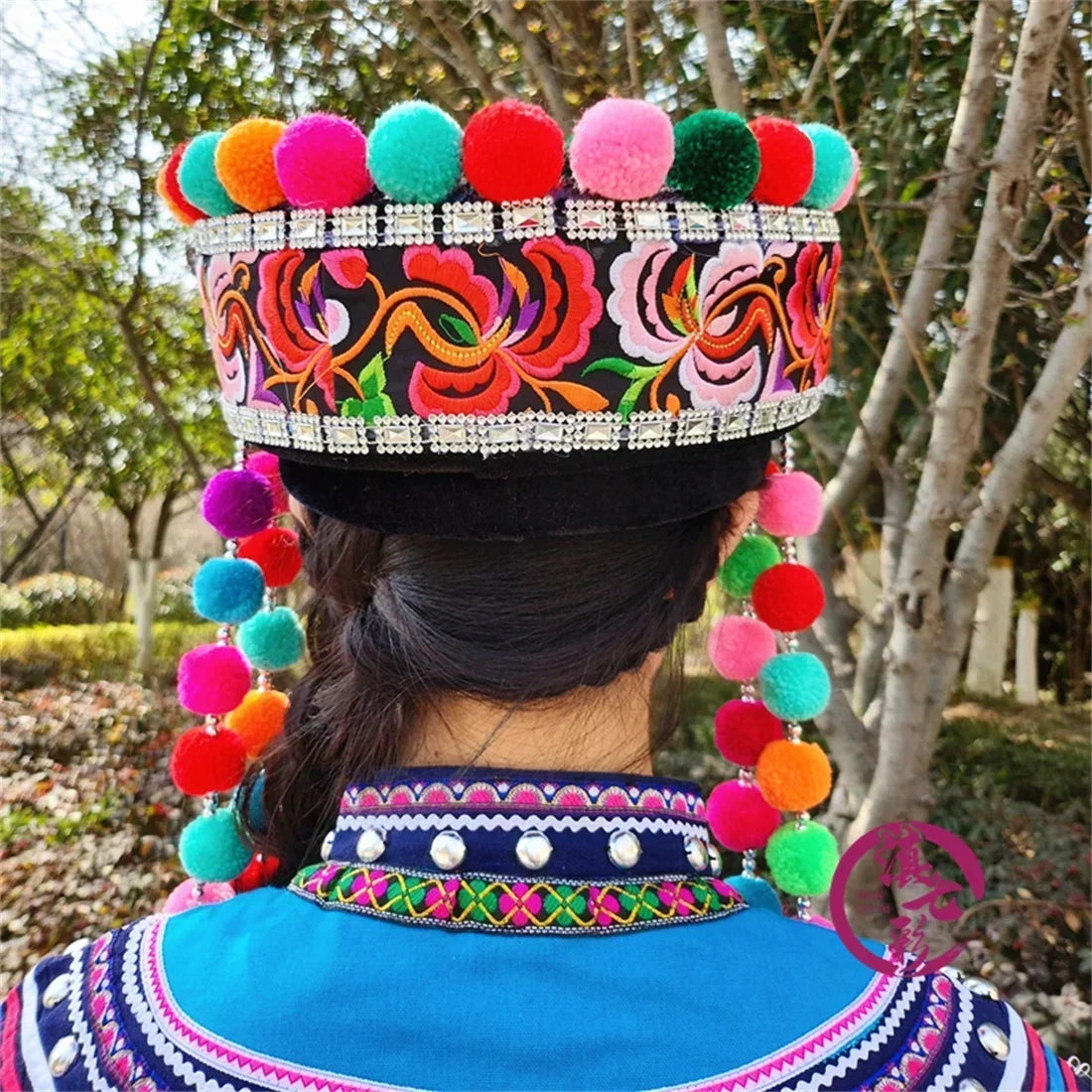 Boutique embroidered Hani ethnic women's hats, Yunnan black embroidered fur ball headwear, handmade ethnic hats