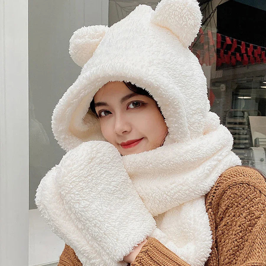 Cute Bear Ear Hat Fashion Winter Warm Comforts Polyester Thickened Plush Hoodie Hat Scarf Gloves Set Girl Kawaii Warm Casual Hat