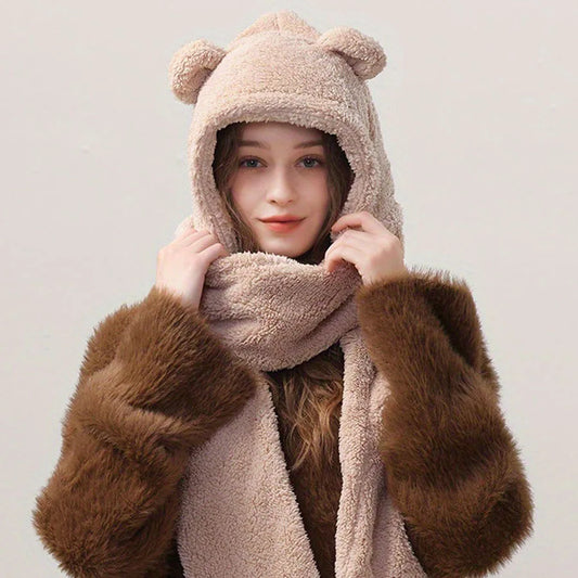 Cute Bear Ear Hat Fashion Winter Warm Comforts Polyester Thickened Plush Hoodie Hat Scarf Gloves Set Girl Kawaii Warm Casual Hat