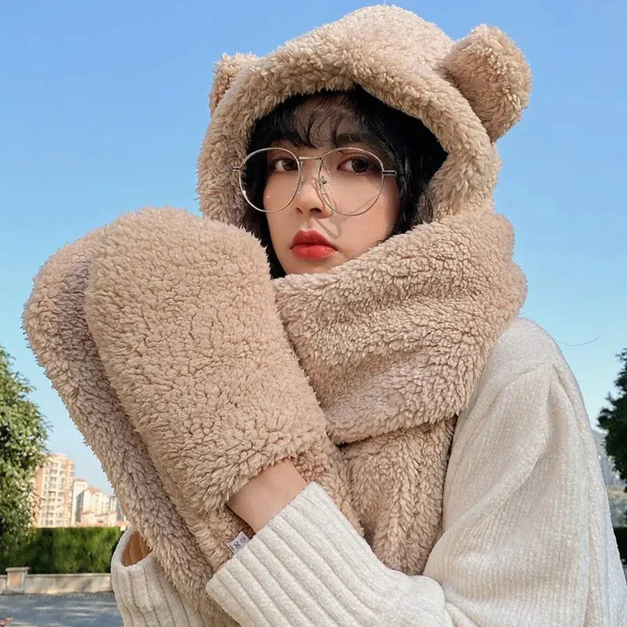 Cute Bear Ear Hat Fashion Winter Warm Comforts Polyester Thickened Plush Hoodie Hat Scarf Gloves Set Girl Kawaii Warm Casual Hat